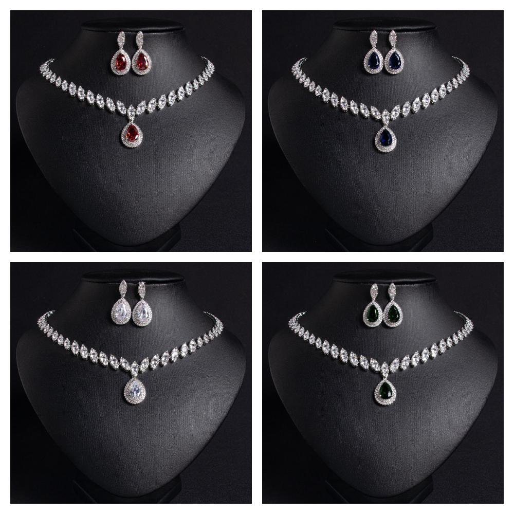 Wedding Bridal Set  Style Waterdrop Necklace Tassel Earrings Zirconia Jewelry Accessories Love Heart Pattern
