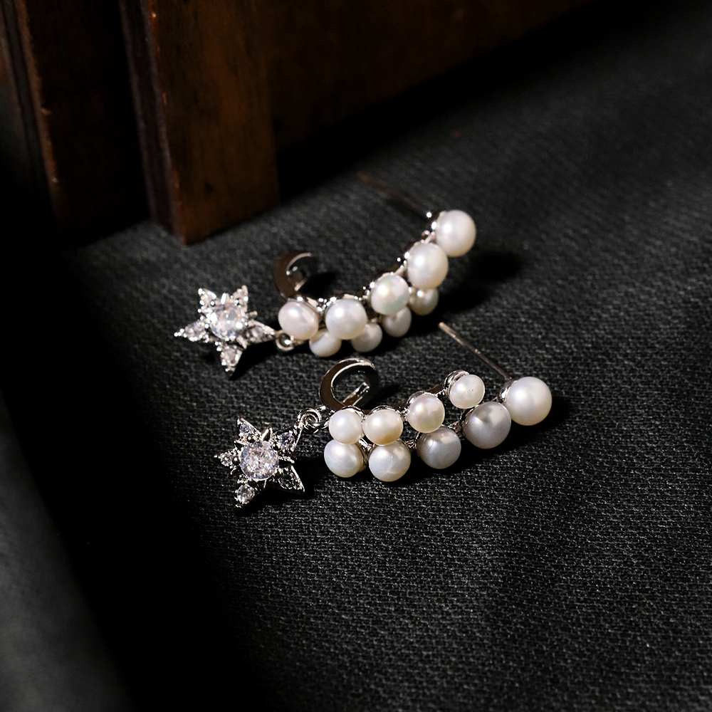 Natural Freshwater Pearl Star Stud Earrings White Gold Elegant Simple Style Women's Jewelry Accessories For Date And Tea Party