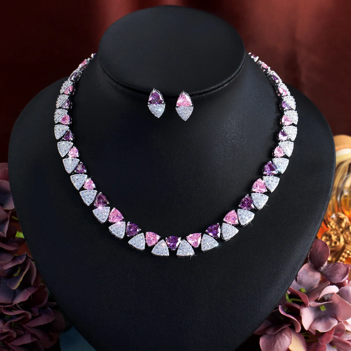 2-Piece Copper Jewelry Set Romantic Geometric Pink Purple Triangle Cubic Zirconia Necklace Earrings Set For Women Wedding Evening Jewelry Accessories