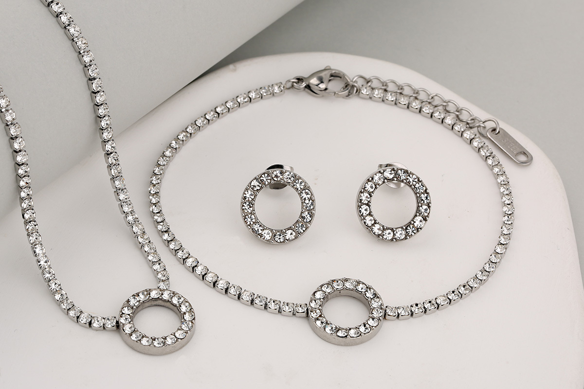 Stainless Steel Full Drill Jewelry Set Cross Circle Heart Shaped Vacuum Plating 18K Gold Dipped Water Diamond Accessories