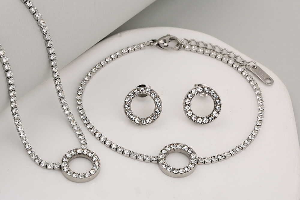 Stainless Steel Full Drill Jewelry Set Cross Circle Heart Shaped Vacuum Plating 18K Gold Dipped Water Diamond Accessories