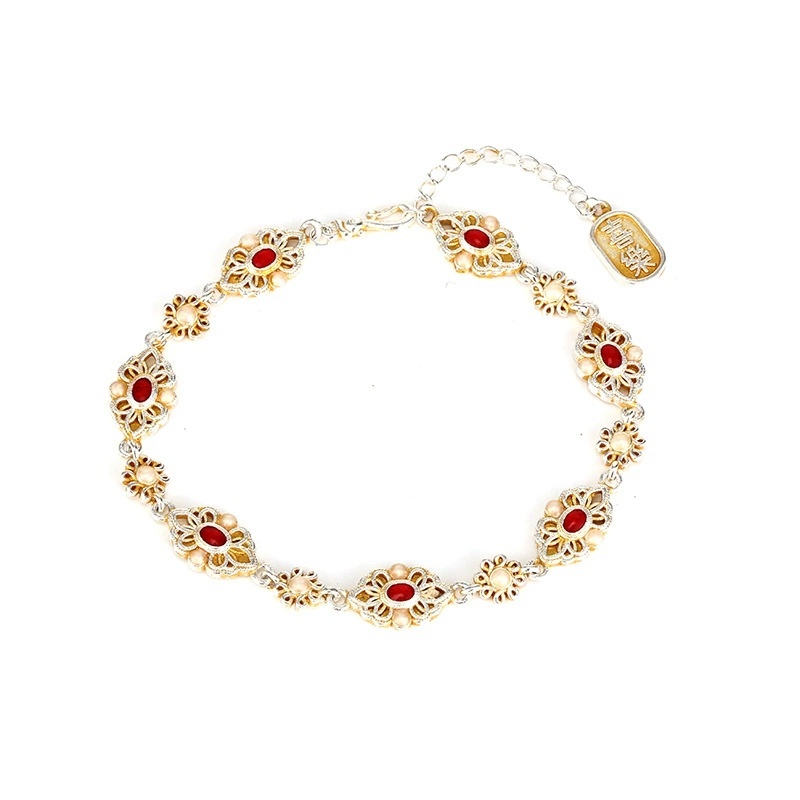 Silver-Plated Bracelet With Gold-Plated Enamel Floral Filigree, National Trend Retro Copper Geometric Pattern, Exquisite Versatile Fashionable Light Luxury Gift For Girlfriend