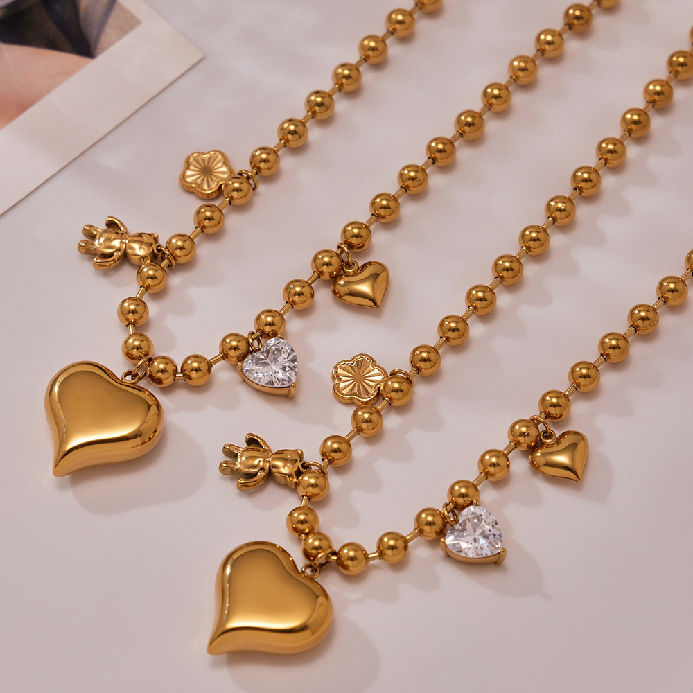 304 Stainless Steel Zircon Big Heart Bear Hollow Necklace Plated 18K Real Gold  Fashion Versatile Jewelry INS Style Gorgeous Novel Design