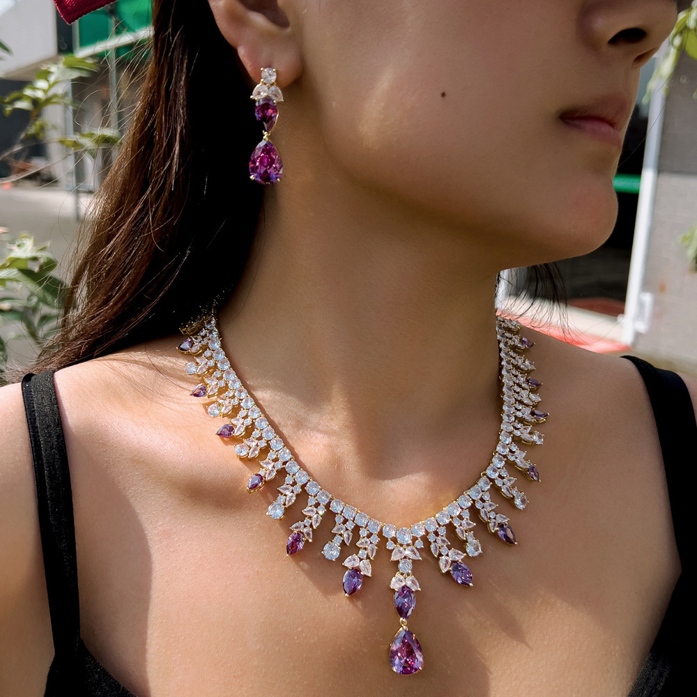 Elegant Teardrop Purple Zircon 2-Piece Copper Jewelry Set For Women - Luxury Wedding Party Date Night Accessory