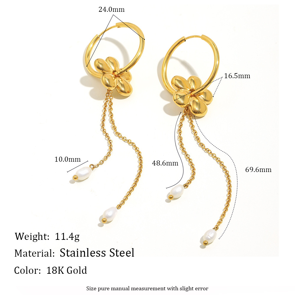 Elegant Versatile High-End Pearl Tassel Earrings Stainless Steel Plated 18K Gold Geometric Pattern Luxury Style For Women