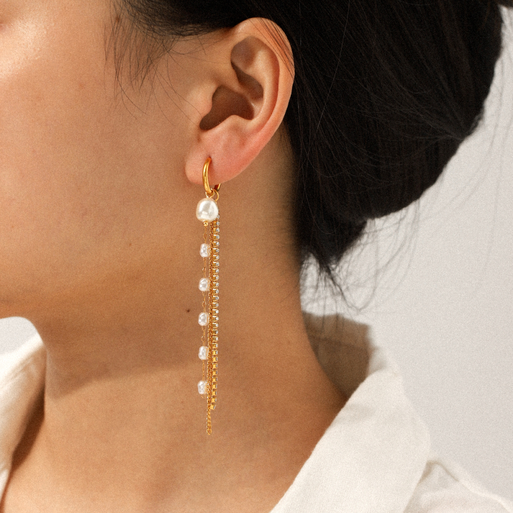 304 Stainless Steel Earrings Pearl Chain Zircon Chain Tassel Earrings Light Luxury High-end Long Earrings Versatile Accessories Vacuum Electroplating 18K Real Gold Plated