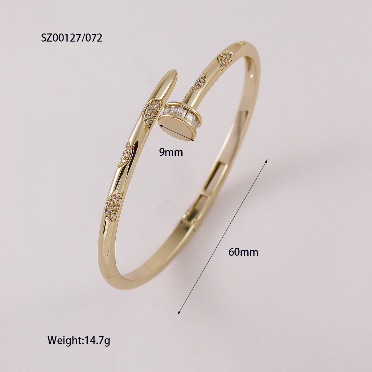 European And American New Style High-end Super Shiny Zircon Nail Bracelet Personality Round Open Band Diamond Bracelet Jewelry Water Plated 14K Gold Plated Geometric Pattern Copper Classic Commuter Bracelet
