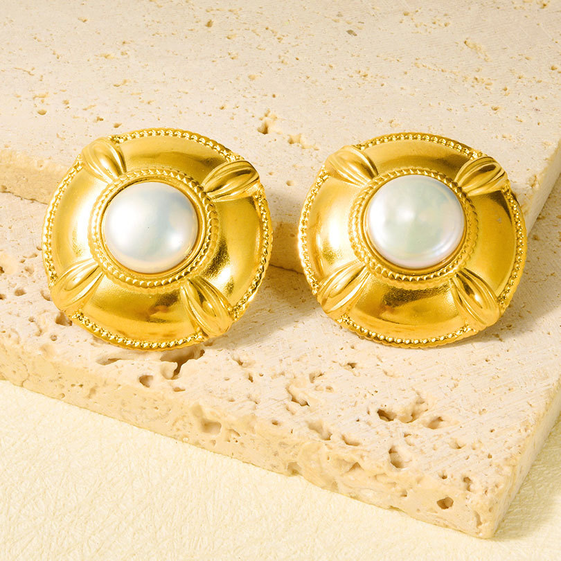 Natural Pearl Stud Earrings 304 Stainless Steel Irregular Round Lightweight Luxury Geometric Pattern Simple Earrings For Women