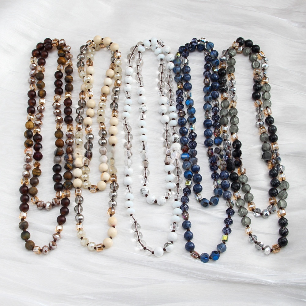 Fashion Bohemian Style Knot Natural Stone Glass Necklace For Women Sweater Chain Fashion Simple Matching Accessories Handmade Irregular