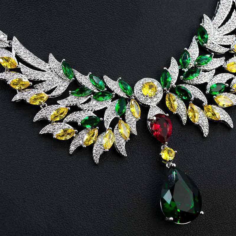 Zircon Jewelry Set Embedded Waterdrop Emerald Gem Necklace Earrings Oxidized Zirconia Ethnic Style Women's Fashion Accessories