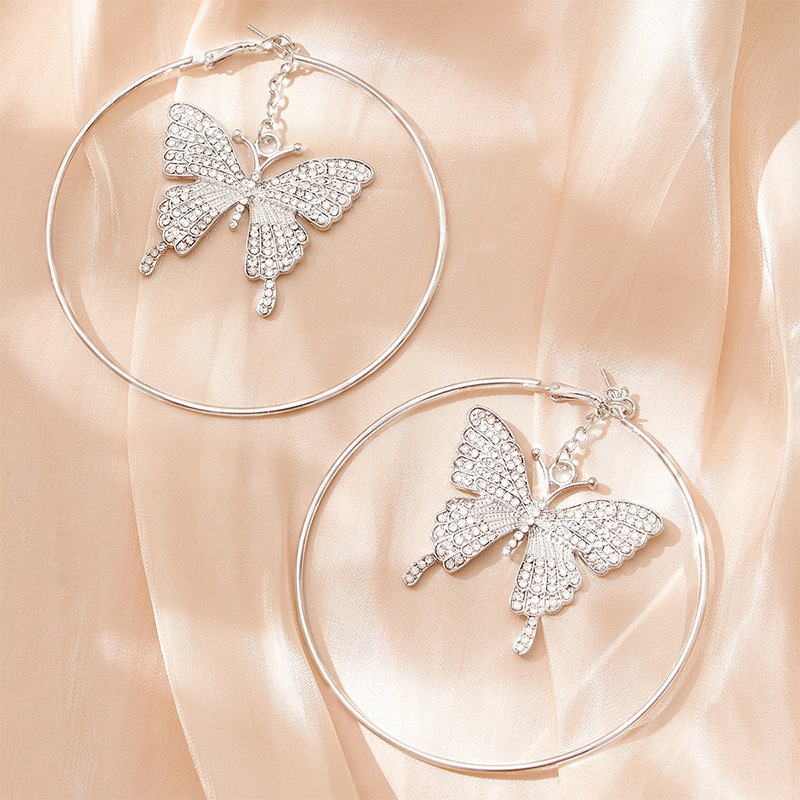 Butterfly Shaped Hoop Earrings Women's Fashion Diamond Pendants Circle Studs Elegant Jewelry Accessories Copper Material