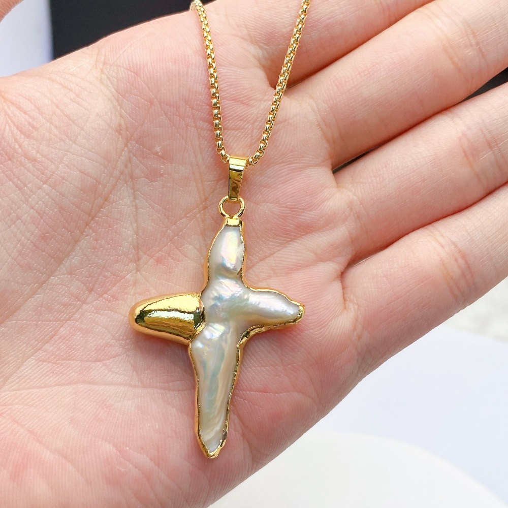 Natural Freshwater Pearl Cross Pendant Earrings Necklace DIY Jewelry Gold Plated Copper Elegant Fashion Accessories