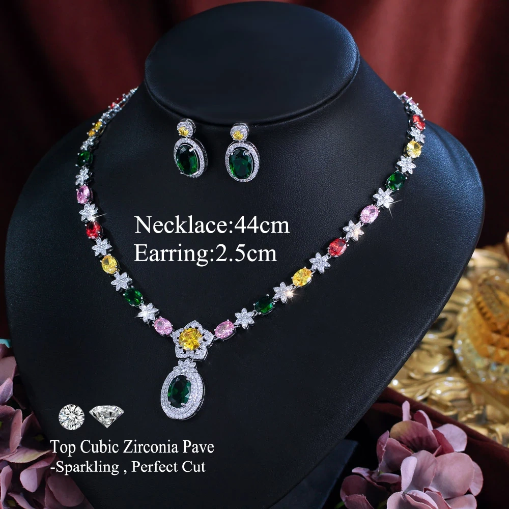 Water Plated White Gold Inlaid Colorful Zircon Flower Design Women's Wedding Jewelry Two-Piece Set Waterproof Non-Fading Tennis Chain