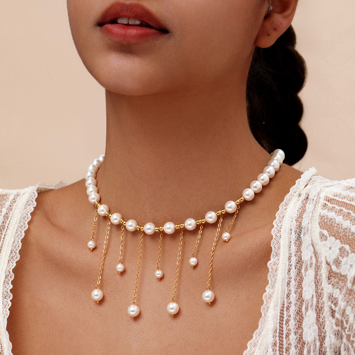 Fashion European And American UV Electroplated Pearl Necklace For Women, Long Pearl Chain With Tassel, Titanium Steel Fashion New Design Women's Jewelry Wholesale