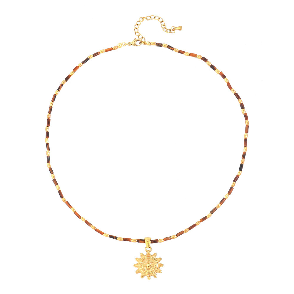 Handmade Tiger Eye Stone Beads Necklace Women's Style Stainless Steel Sun Pendant Clavicle Chain Geometric Pattern Natural Stone