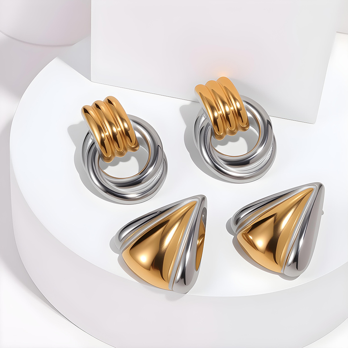 Elegant Geometric Stainless Steel Earrings With 18K Gold And Silver Color Block Design  Fashion Jewelry