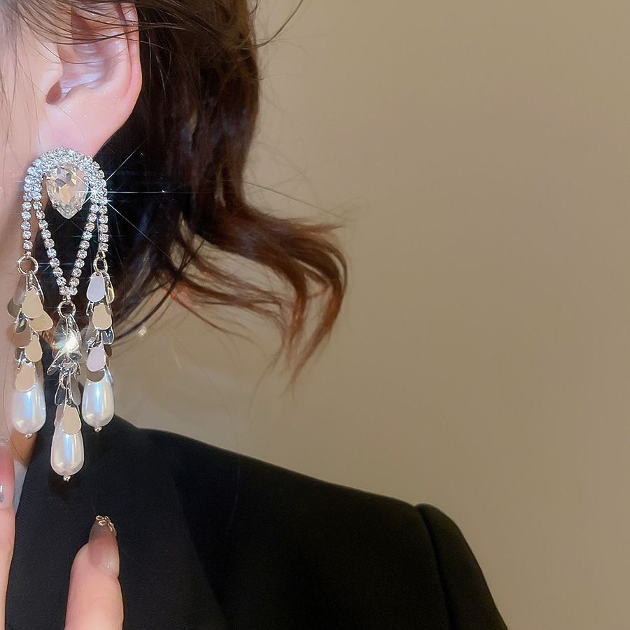 Gold Plated Silver Pin Inlaid Diamond Water Drop Pearl Earrings Vintage Heavy Earrings Jewelry Accessories