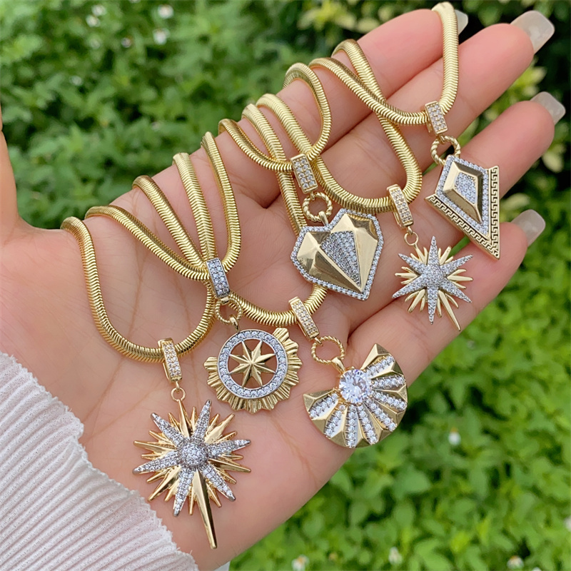 Wholesale Jewelry Simple Style Classic Style Geometric Copper Zircon 18K Gold Plated Inlay Snake Chain Pendant Necklace