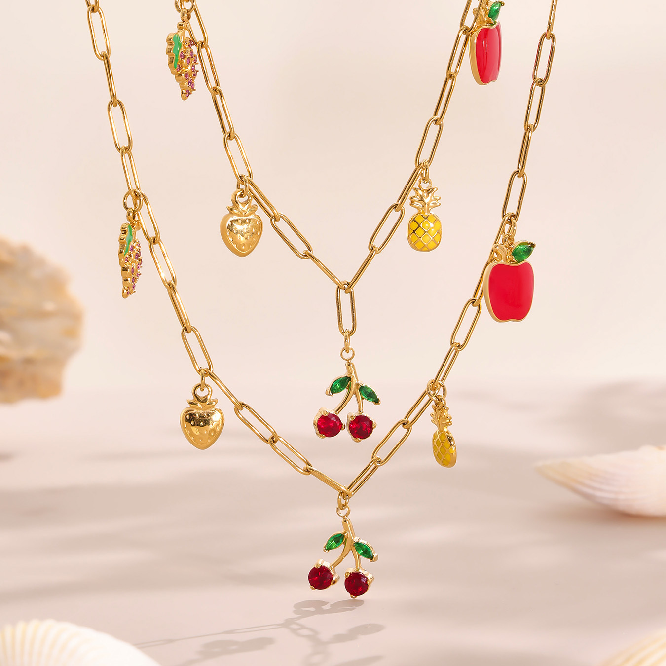 Stainless Steel DIY Fruit Pendant Necklace Round Hollow Heart Zirconia Cherry Grape Pineapple Design Jewelry For Women Lobster Clasp