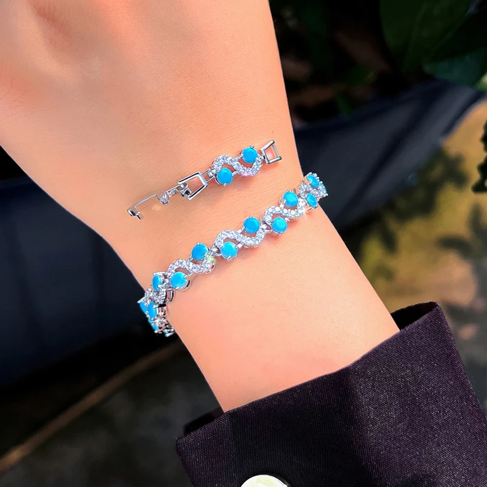 1 Copper Bracelet Luxury Round Blue Turquoise And Zircon Twist Design Bracelet Suitable For Women Party/Engagement/Wedding Jewelry Gift