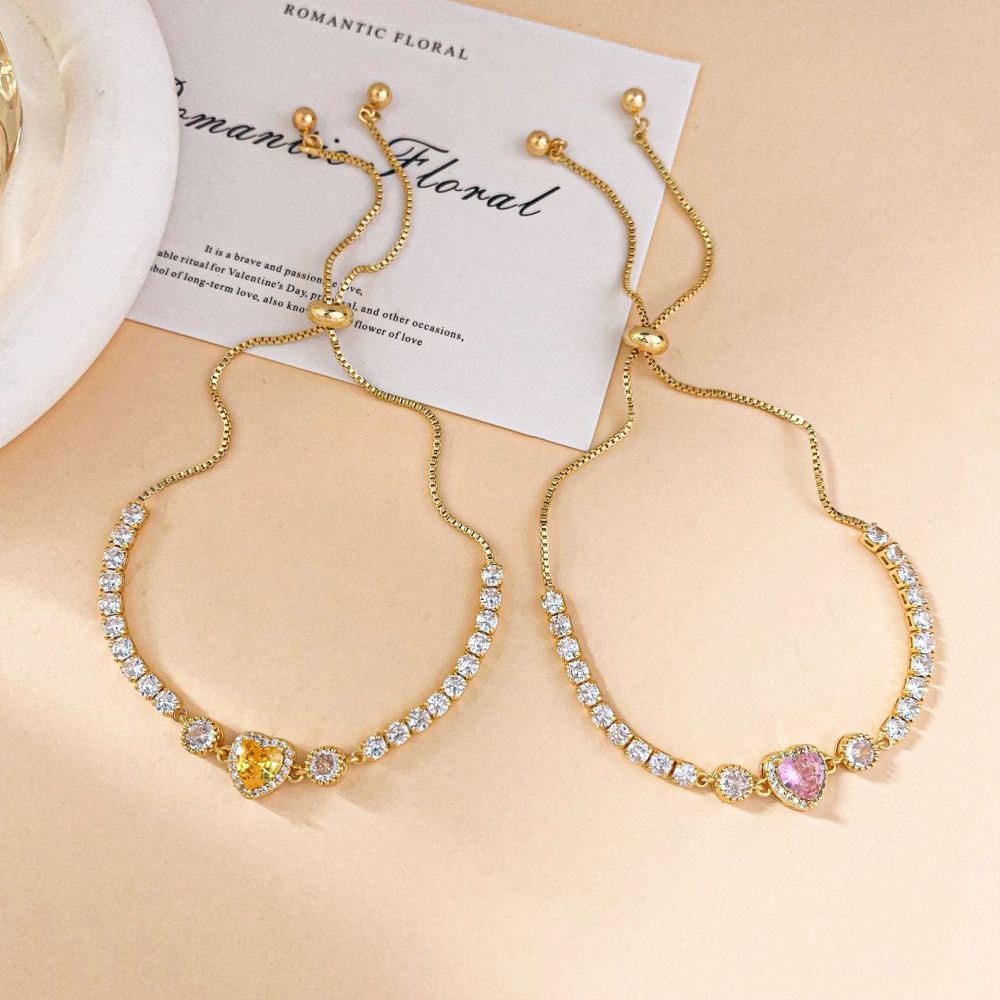 Adjustable Colorful Heart Zircon Bracelet Luxury Sensation Slide Bead Friend Style Genuine Gold Plating Enhanced Color Retention