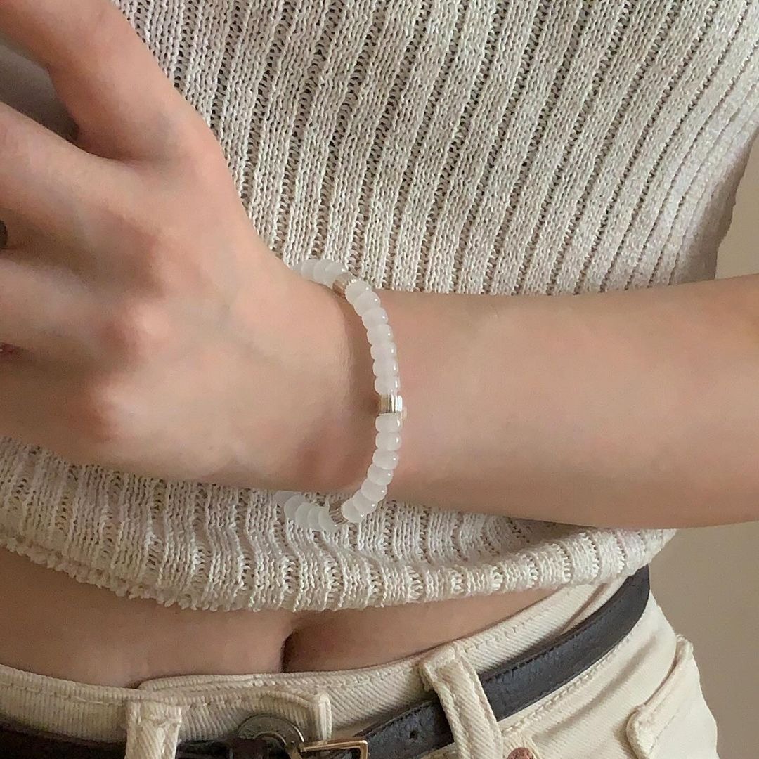 New Natural Stone Agate S925 Pure Silver Beaded Elastic Colorful Fashionable Macaron Hand Bracelet New Style Women's Accessory