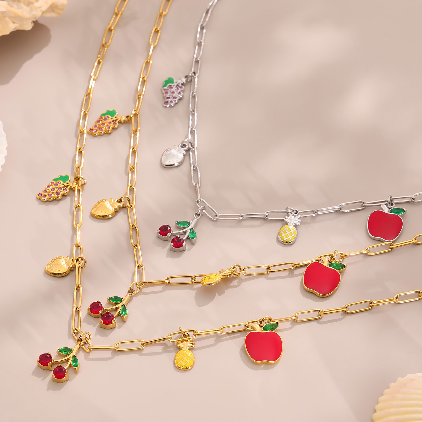 Stainless Steel DIY Fruit Pendant Necklace Round Hollow Heart Zirconia Cherry Grape Pineapple Design Jewelry For Women Lobster Clasp