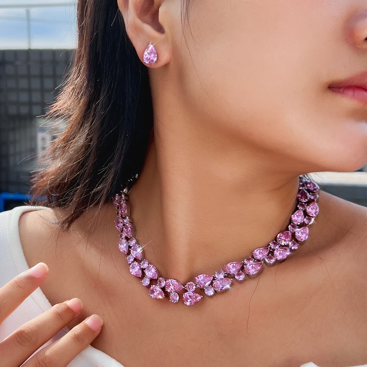 Copper Jewelry Two-Piece Set Luxurious Pink Water Drop Zircon Crystal Necklace Earring Set Suitable For Women Valentine's Day Wedding Party Wear Best Gift Choice