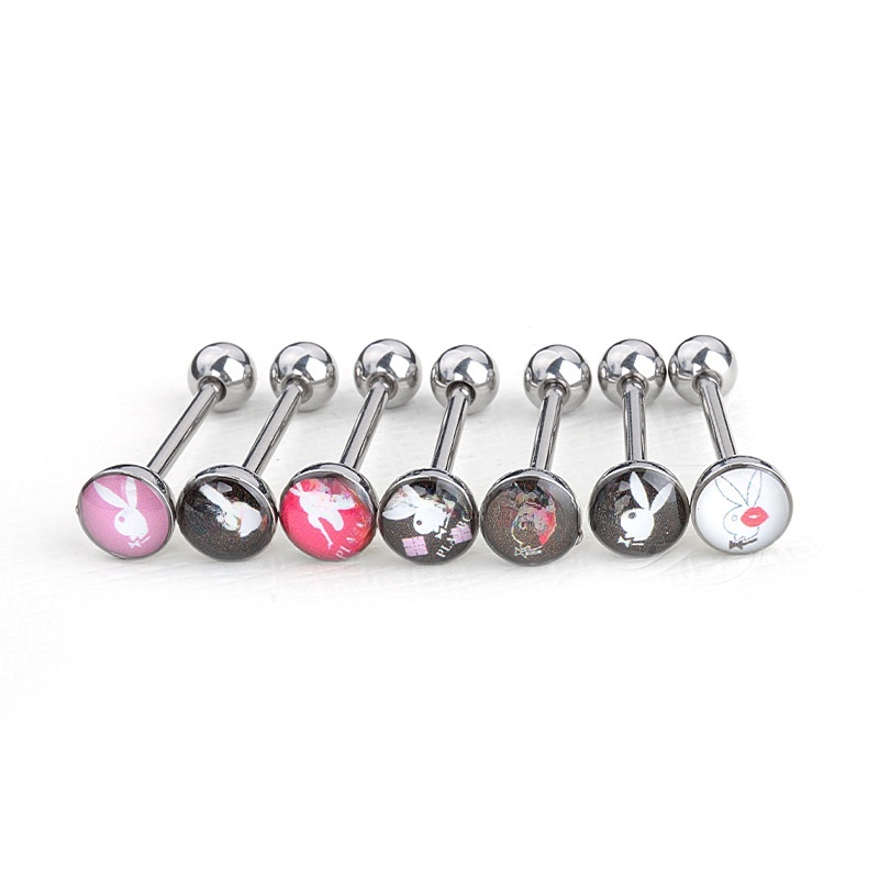 Fashion New F136 Titanium Alloy Straight Tongue Ring Rabbit Girl Lip Stud Geometric Pattern Unisex Polished Surface Piercing