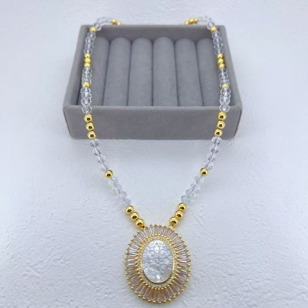 European And American Hot-Selling Color-Retaining Electroplated Micro-Inlaid Zircon Shell Virgin Mary Cross Acrylic Pearl Copper Simple Style Lobster Clasp Necklace