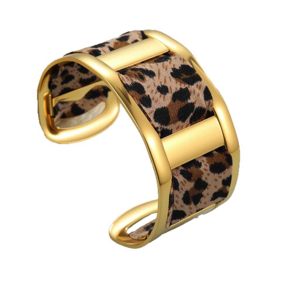 Stainless Steel Wide Open Bracelet With Leopard Print Ribbon Fashionable European Style Gold Plated Accessory For Women