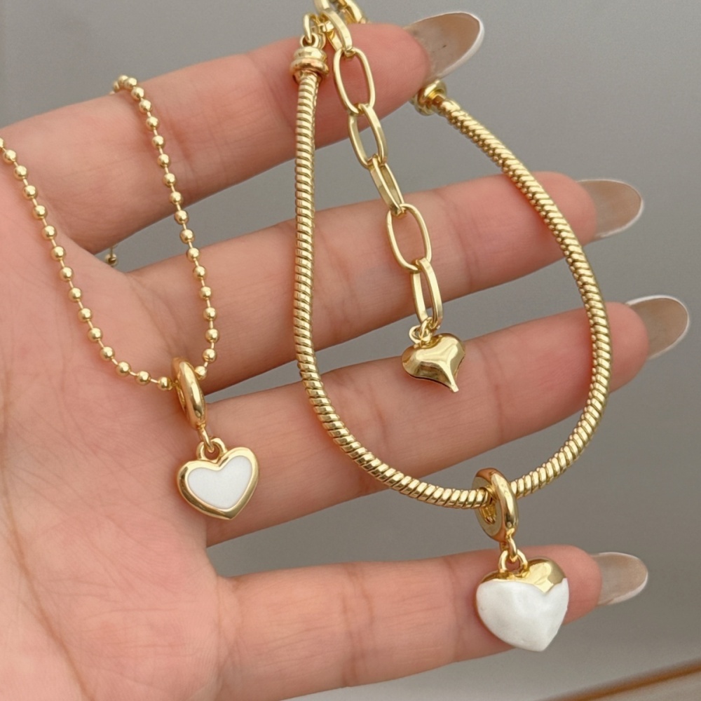 1 Set Of Heart Bracelet And Necklace Jewelry Suitable For Men And Women Couples Friends To Wear Copper Plated With 18K Gold Oil Drop Fashionable And Beautiful