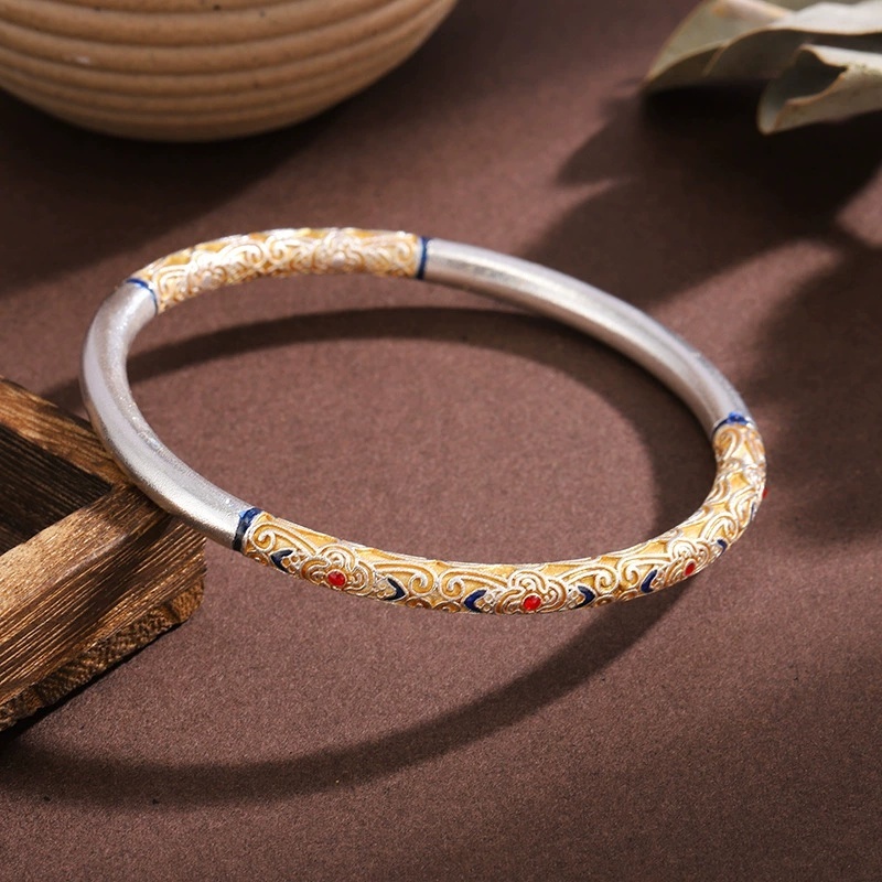 Universal Electroplated Silver-Plated Geometric Pattern Copper Bracelet Enamel Color Antique Pattern Fixed Ring Ruyi Flower Gold-Plated Bracelet Birthday Light Luxury Gift
