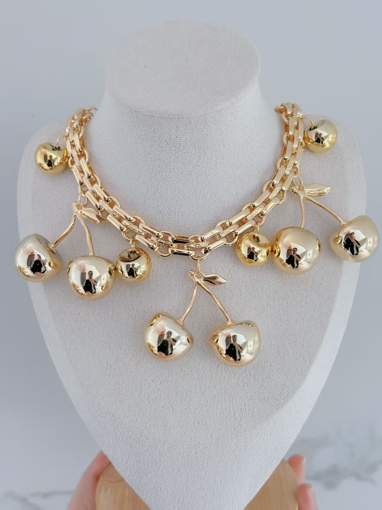 Wholesale Jewelry Elegant Classic Style Cherry Fruit Copper Gold Plated Multi Charms Necklace