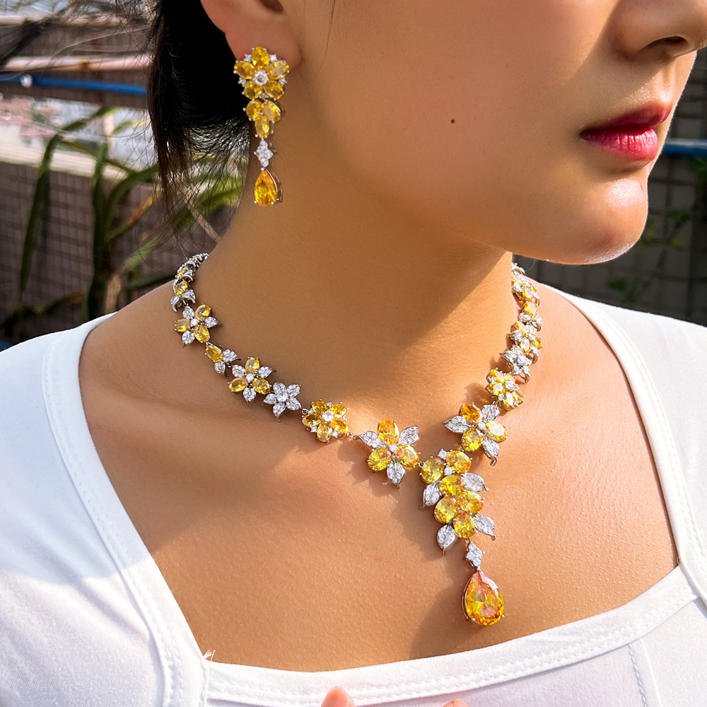 Women's Luxury Yellow Zircon Copper Jewelry Set - Teardrop Floral Earrings And Necklace For Wedding Banquet Evening Party Date