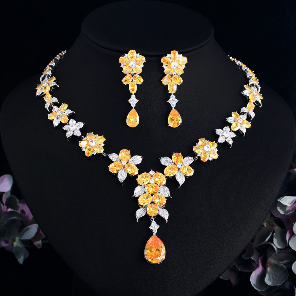 Women's Luxury Yellow Zircon Copper Jewelry Set - Teardrop Floral Earrings And Necklace For Wedding Banquet Evening Party Date