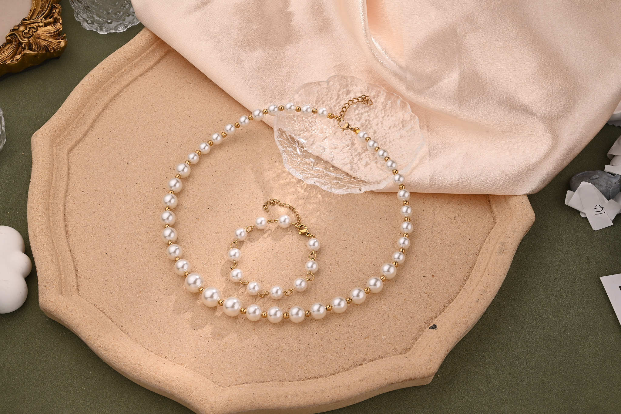 Women's 304 Stainless Steel Imitation Pearl Beaded Chain Polishing Irregular Round Bracelets Necklace Jewelry Set Imitation Pearl Jewelry