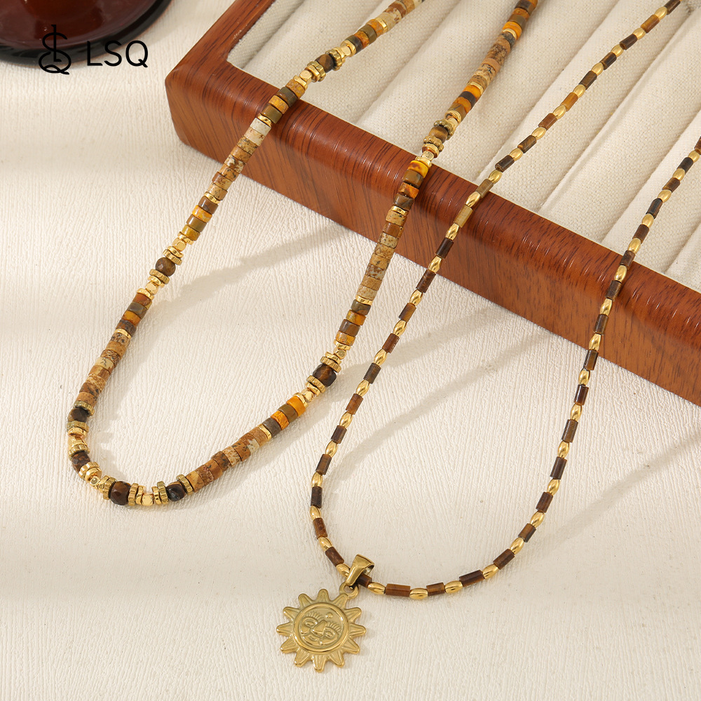 Handmade Tiger Eye Stone Beads Necklace Women's Style Stainless Steel Sun Pendant Clavicle Chain Geometric Pattern Natural Stone