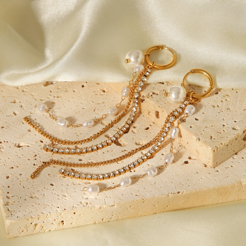 304 Stainless Steel Earrings Pearl Chain Zircon Chain Tassel Earrings Light Luxury High-end Long Earrings Versatile Accessories Vacuum Electroplating 18K Real Gold Plated