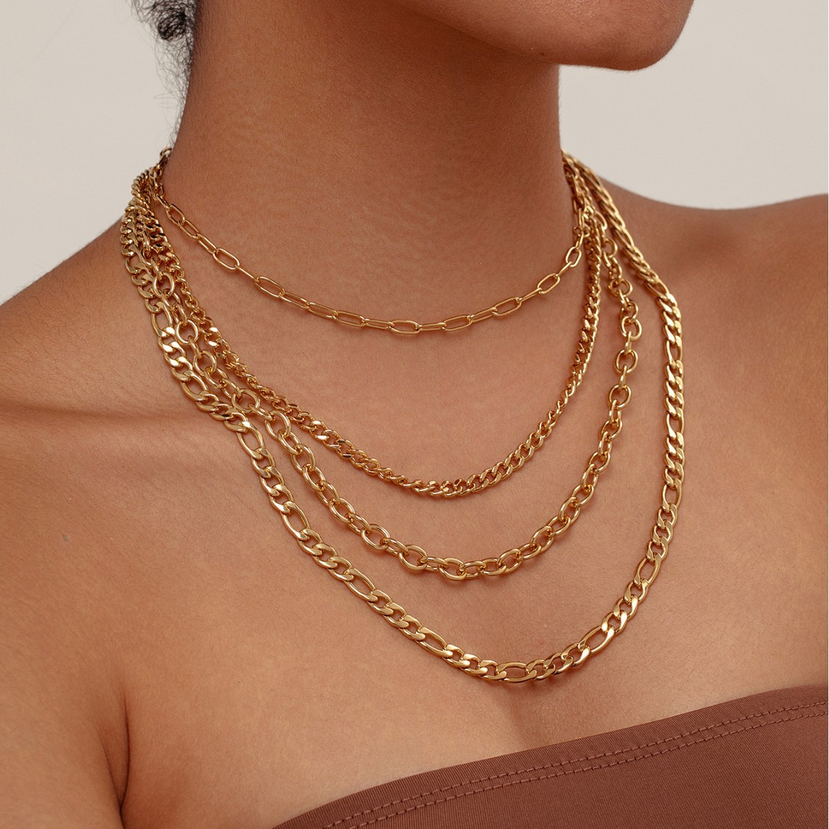 Amazon Cross-Border New Multi-Layer Cuban Paperclip Chain Necklace UV Electroplated 18K Real Gold Fashion Versatile Geometric Collarbone Chain Necklace