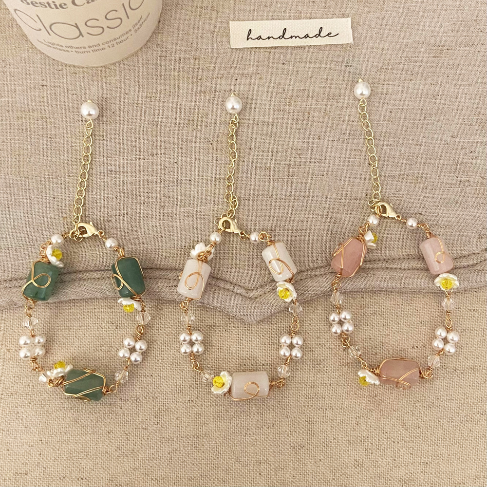 Sweet Elegant Cute Crystal Pearl Bracelet Versatile Fashion Natural Stone Hand Jewelry Geometric Pattern Copper Round Plated