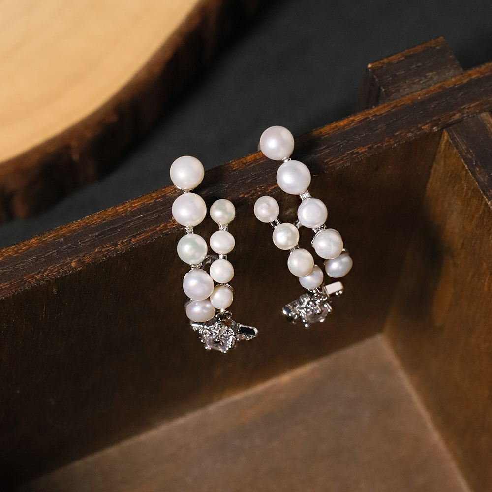 Natural Freshwater Pearl Star Stud Earrings White Gold Elegant Simple Style Women's Jewelry Accessories For Date And Tea Party