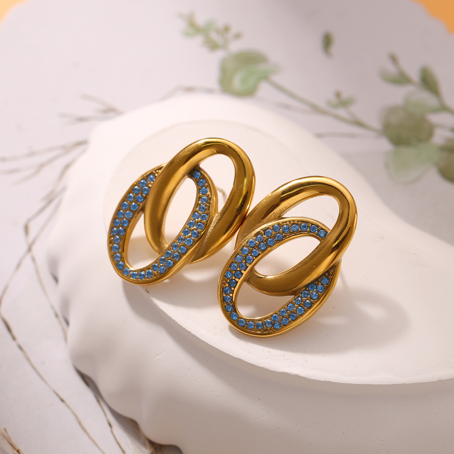 UV Electroplated 18K Real Gold Stainless Steel Casting Double O Splicing Zirconia Earrings Niche European And American Style Trendy Fashion Earrings