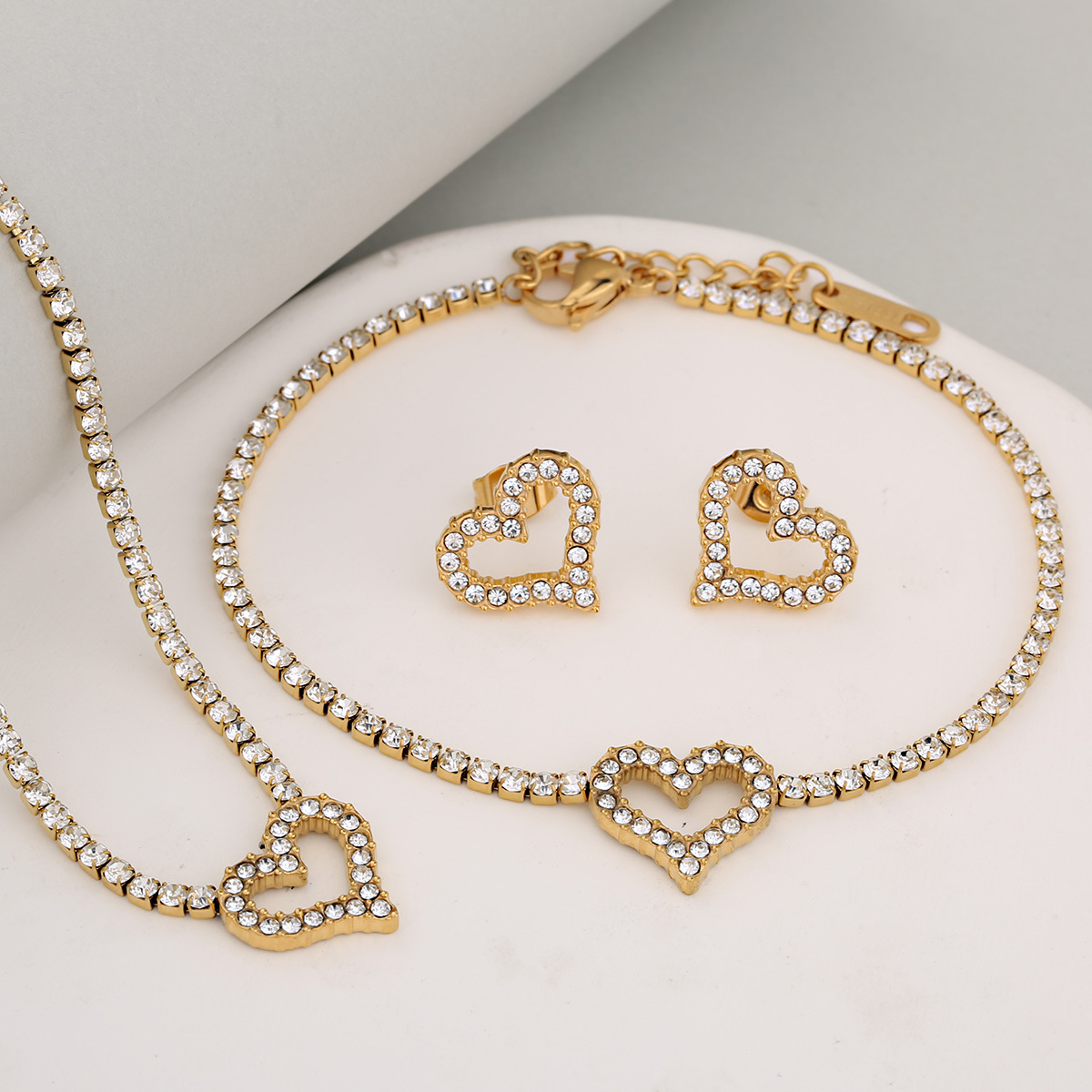 Stainless Steel Full Drill Jewelry Set Cross Circle Heart Shaped Vacuum Plating 18K Gold Dipped Water Diamond Accessories
