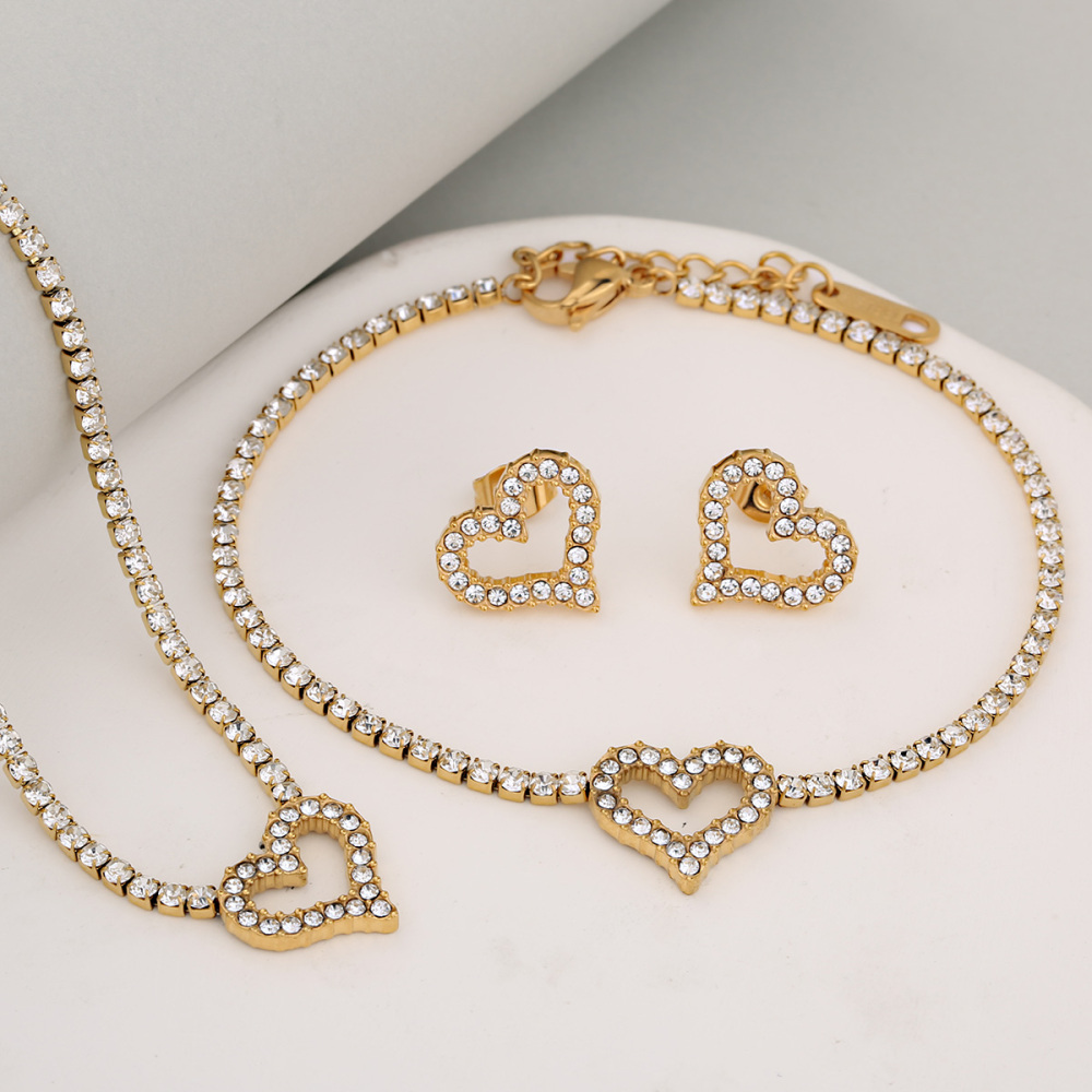 Stainless Steel Full Drill Jewelry Set Cross Circle Heart Shaped Vacuum Plating 18K Gold Dipped Water Diamond Accessories