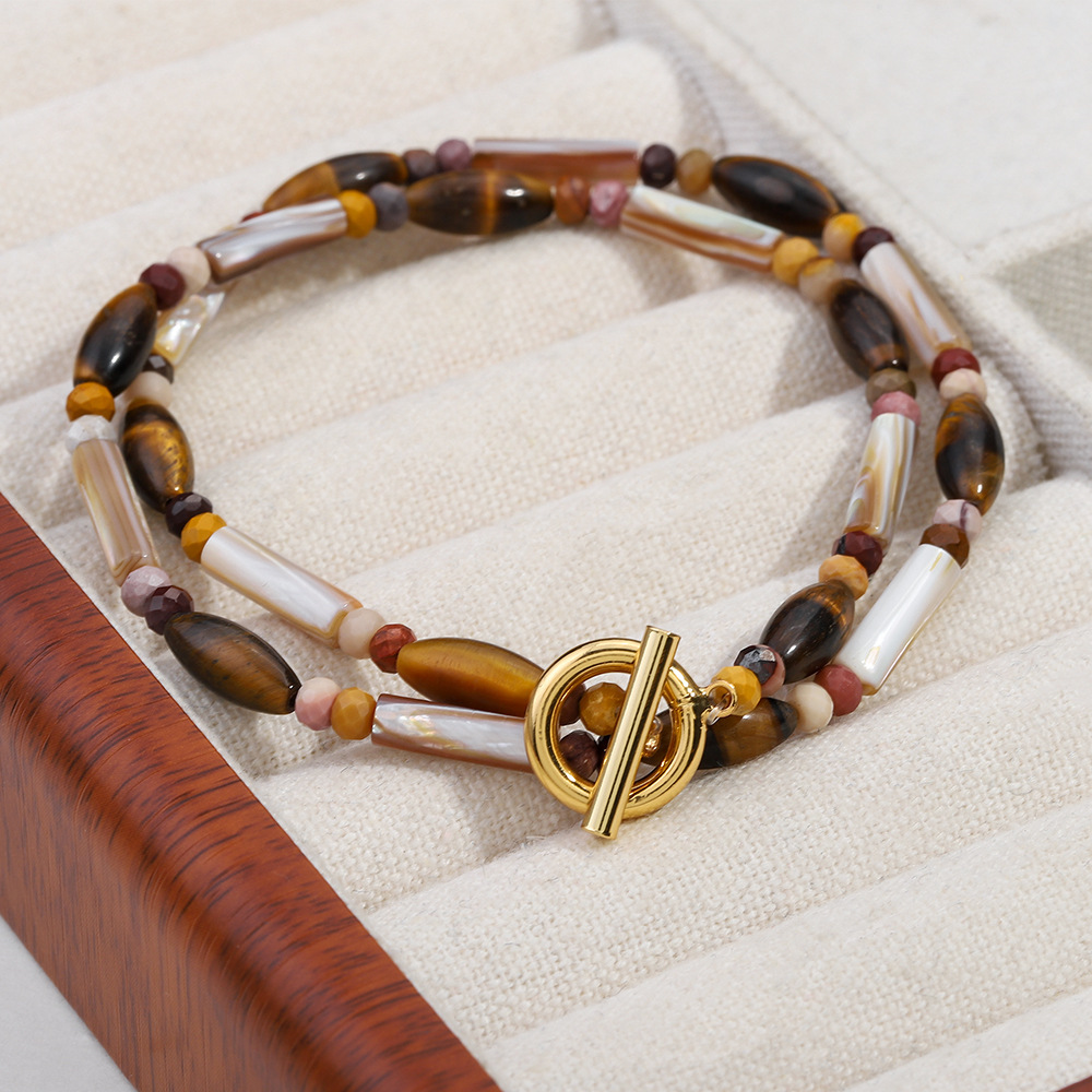 French Style Coffee Beads Tiger Eye Stone Necklace Sweater Chain Middle-Aged OT Buckle Classic Quality Unique Clavicle Chain