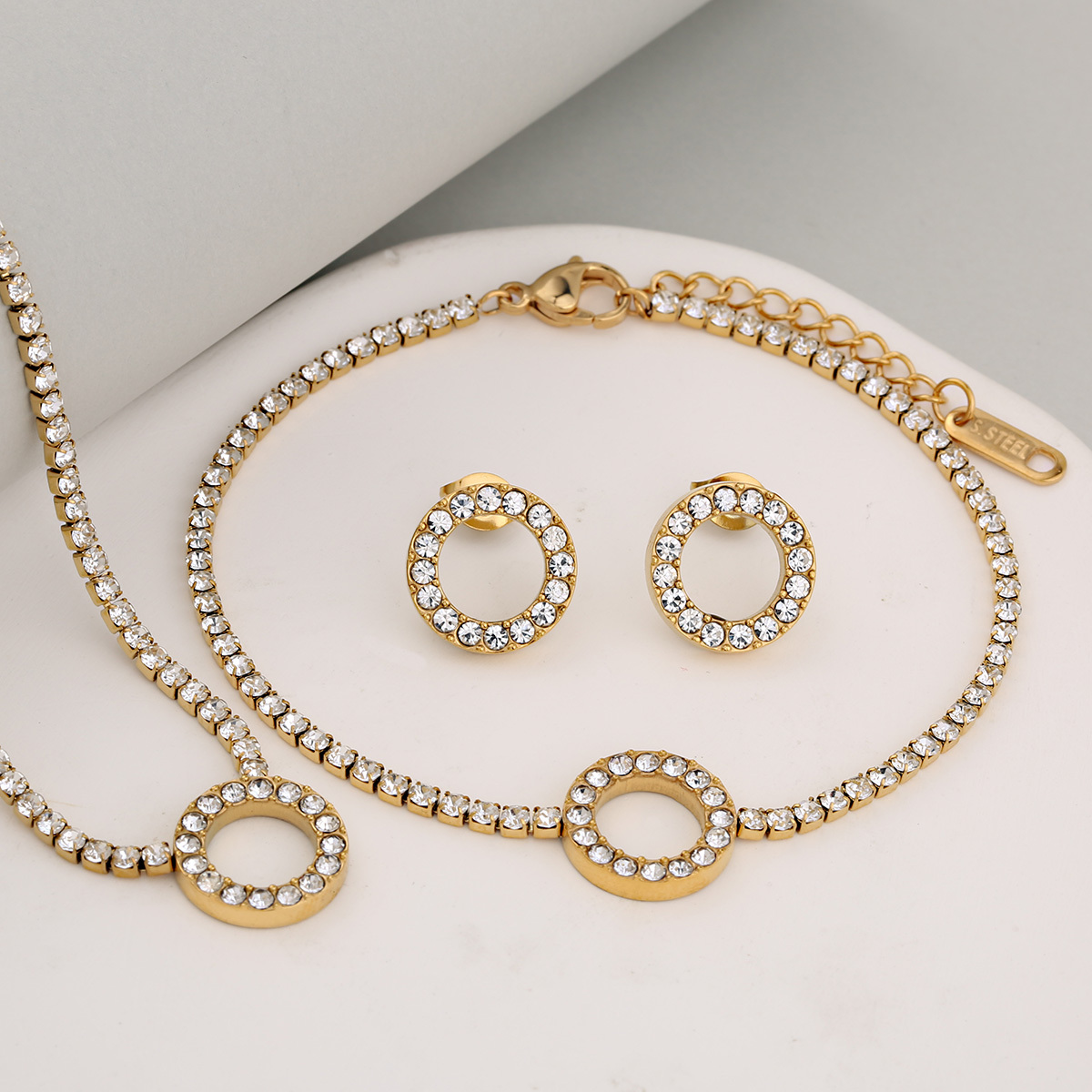 Stainless Steel Full Drill Jewelry Set Cross Circle Heart Shaped Vacuum Plating 18K Gold Dipped Water Diamond Accessories