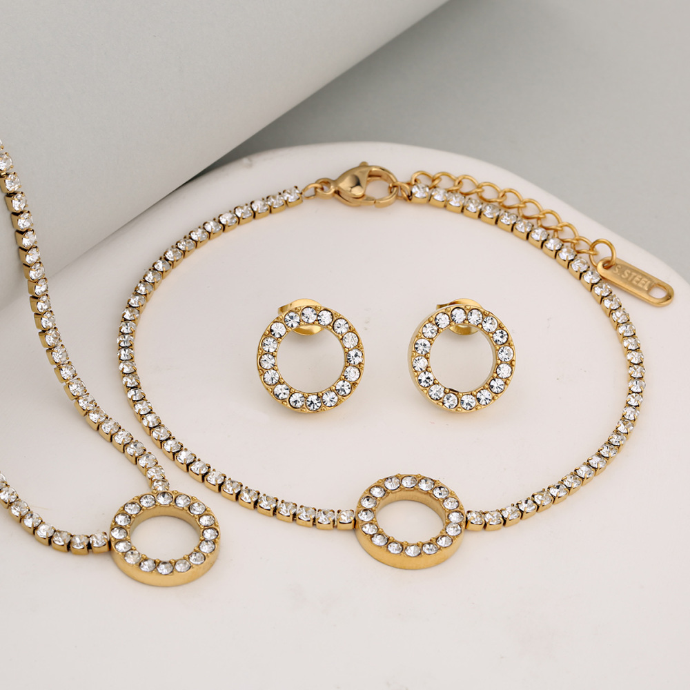 Stainless Steel Full Drill Jewelry Set Cross Circle Heart Shaped Vacuum Plating 18K Gold Dipped Water Diamond Accessories