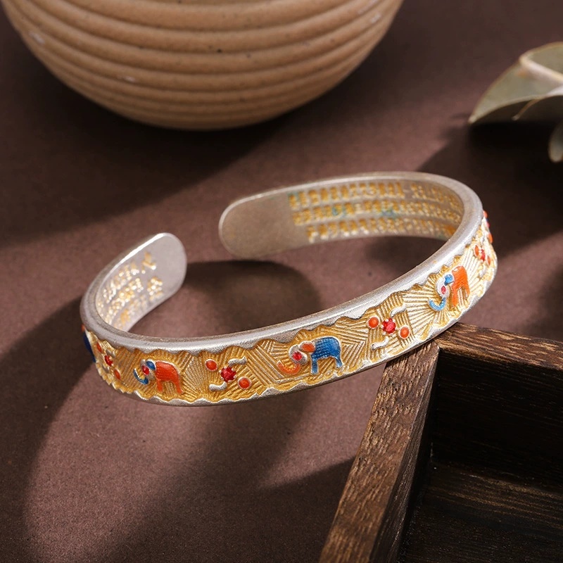 Vintage Ethnic Style Silver-Plated Bracelet With Gold Enamel Auspicious Symbols Ruyi Heart Sutra Bracelet Chinese Style Gift For Girlfriend Ancient Silver Bracelet Geometric Pattern Flower