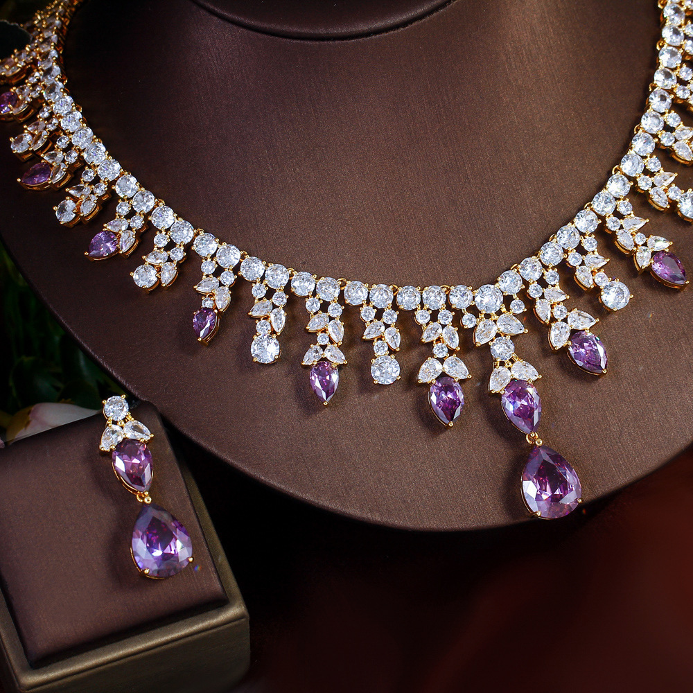 Elegant Teardrop Purple Zircon 2-Piece Copper Jewelry Set For Women - Luxury Wedding Party Date Night Accessory